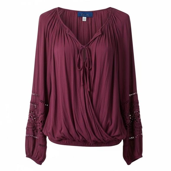 FRANCESSCAS LONG SLEEVE BOHO CROCHET SLEEVE TOP TIE FRONT MAROON SIZE SMALL - Picture 1 of 8